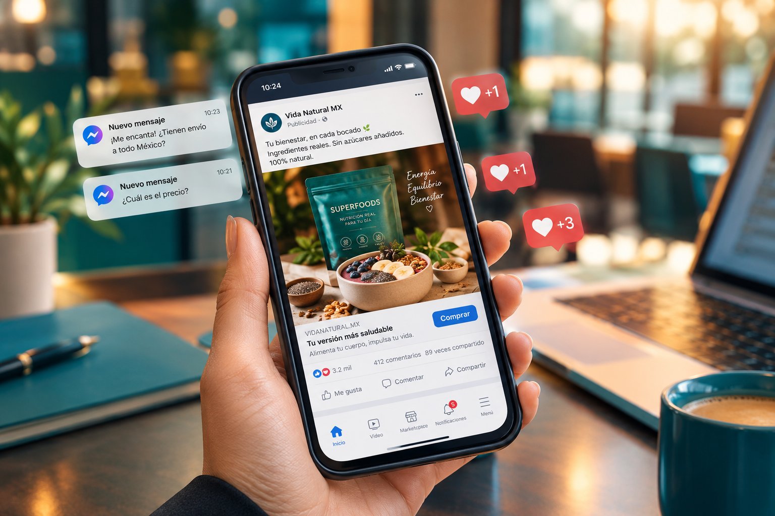 Anuncio de Facebook que genera mensajes y ventas en el celular de un cliente